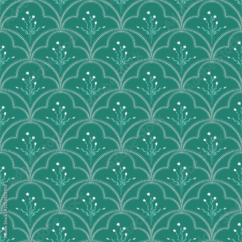 Simple Pattern design of decorative shapes with floral designs on a teal background