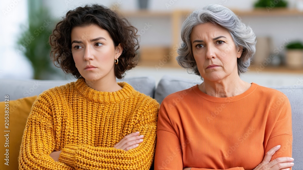 Naklejka premium Two women with arms crossed looking upset on a sofa, generational conflict