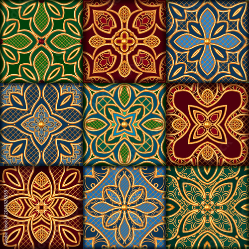 Canvastavla Decorative patchwork pattern of golden medallions, seamless pattern, openwork go