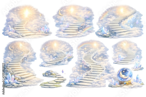 Celestial stairways to radiant realms, celestial stairway, radiant realms, heavenly pathway, celestial fantasy, magical staircase, dreamlike landscape, ethereal artwork, mystical journey, cosmic gatew