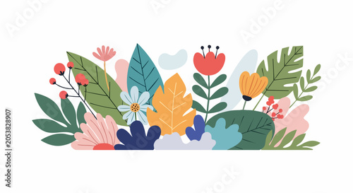 Flat vector illustration of colorful floral botanical garden border.
