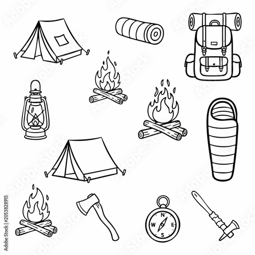 Set of Hand Drawn Camping Equipment Icons.