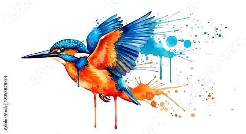 Vibrant watercolor kingfisher bird in flight with splashes and splatters