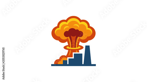 Explosion cloud rising from industrial factory silhouette.
