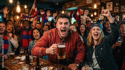 Excited fans cheering in a crowded bar, man shouting while holding a beer mug; woman smiling with raised fist; scarves and flags wave amid drinks on tables