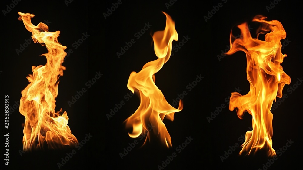 Fototapeta premium firefighting. Collection of flames isolated on black background with dramatic lighting effects, STEM education sheets, lab safety posters, designed for STEM education and laboratory safety posters.