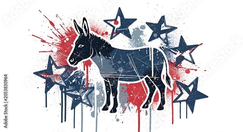 Watercolor illustration of a donkey silhouette with patriotic stars and splatter paint on a white background