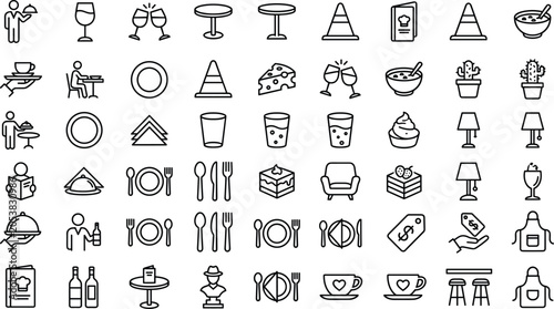 Restaurant and hospitality line icon set featuring dining, food service, tableware, beverages, and cafe elements for menu design and culinary branding