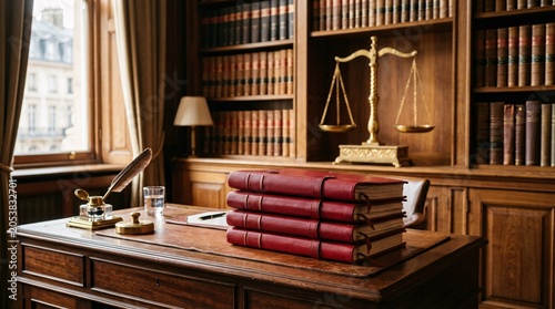 Classic legal office desk featuring a stacked pile of documents bound in crimson red leather folders, golden scale of justice in background.