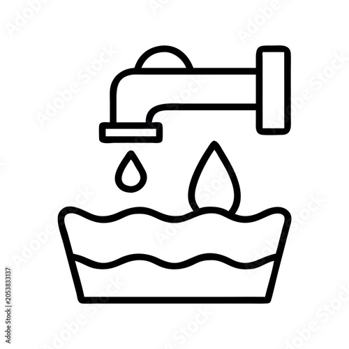 Water Dripping from Faucet into Basin, Simple Line Art Icon