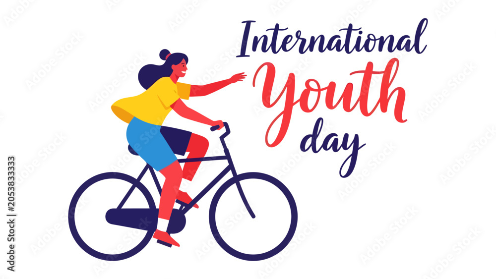Fototapeta premium International Youth Day Celebration: A young woman cycles energetically, celebrating International Youth Day, promoting an active lifestyle and the spirit of youth.