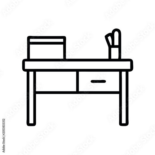 Minimalist Writing Desk with Chair and Stationery in Flat Line Art Style