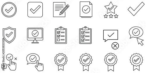 Valokuva Check mark and approval icons set with badges and hand gestures