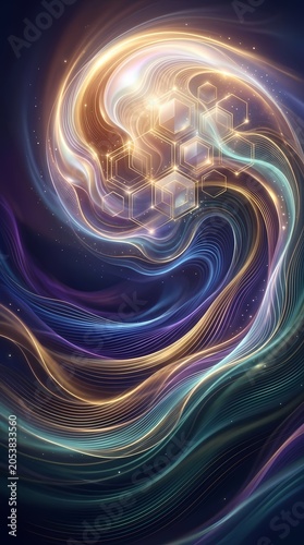Cosmic Swirl: Abstract Nebula with Hexagonal Grid and Light Trails