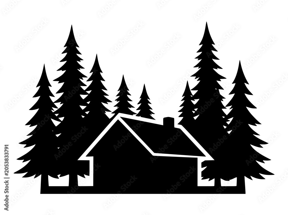 Obraz premium Silhouette of a small cabin nestled in a pine forest