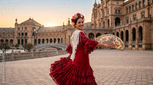 A cheerful woman in a traditional red flamenco dress poses with a floral fan at the Plaza de Espana during sunset.