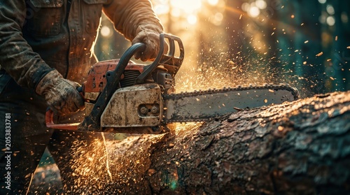 Worker in protective jacket and gloves cutting a fallen tree trunk with a chainsaw, sawdust flying in warm sunset light; close-up of tool and log