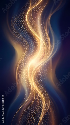 Abstract Golden Flowing Waves on Dark Blue Background - Digital Art