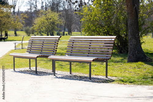 Two modern wooden benches with metal frames positioned on a pathway in a sunny park surrounded by green grass and trees in the background