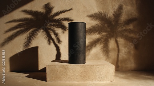 A serene desert landscape with palm tree shadows and cylindrical object