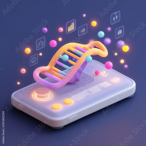 Genomic screening biochip biotechnology DNA genetic analysis medical research colorful of glowing DNA helix biochip device with data icon, futuristic laboratory technology concept