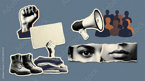 Peaceful protest collage with raised fist and blank sign on gray background for civic awareness campaign design