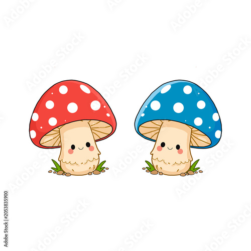 Cute Red and Blue Mushroom Characters Illustration, Transparent PNG background