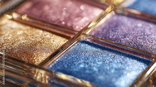 Vibrant colors of eyeshadow palette with shimmering textures and sparkles