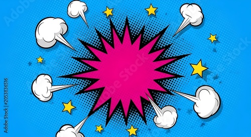 Vibrant comic book explosion with stars and smoke