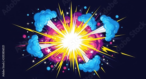 Vibrant exploding starburst with blue wisps on dark background