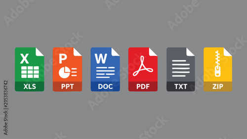 Set of common computer file format icons on white background Vector