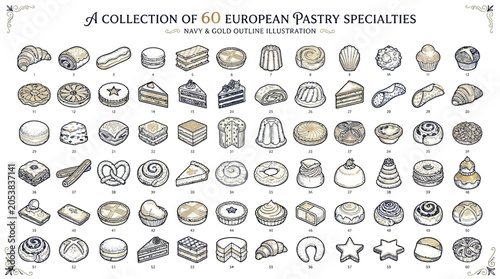 Konstfotografi A Collection of 60 European Pastry Specialties Illustrated in a Retro Style