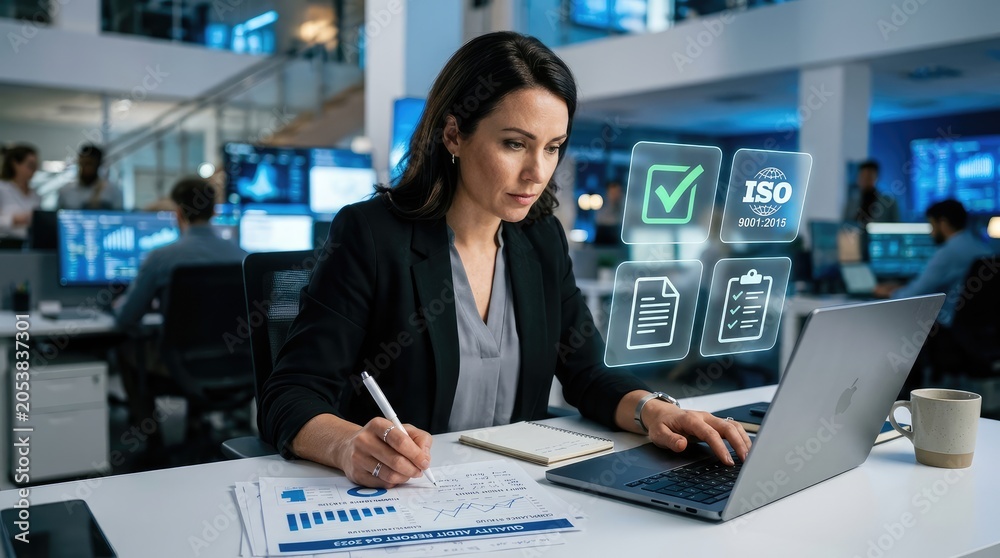 Fototapeta premium Businesswoman analyzing quality audit report with iso 9001 2015 standards in modern office