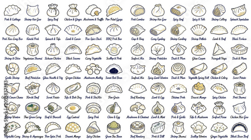 Foto A large collection of various Asian dumplings and dim sum illustrations, presented in a grid format