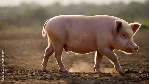 Pig walking across a field at sunset sunlight agricultural landscape