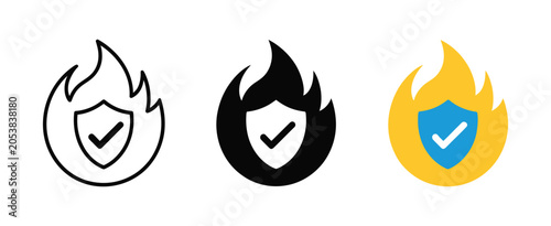 Bild auf Leinwand Fire protection icons featuring flame shield and checkmark symbols for safety an