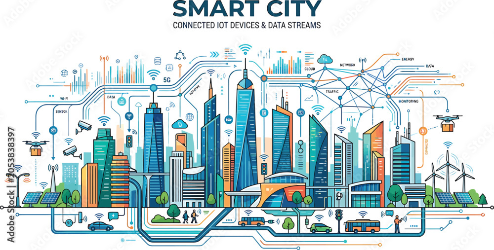 Obraz premium Smart city digital infrastructure concept with connected urban architecture technology infrastructure connectivity buildings development illustration communication