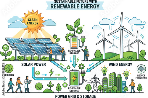 Renewable energy sources concept with solar panels and wind turbines energy saving renewable sustainable electricity environment technology turbines ecological resource