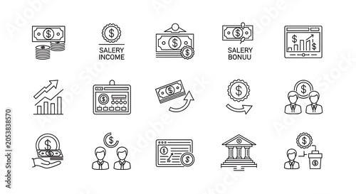 Business finance icons illustrate salary structures, bonus incentives, and market performance trends through simplified line graphics.