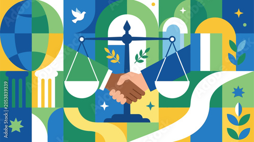 Foto Legal agreement and justice day concept featuring handshake over balance scales