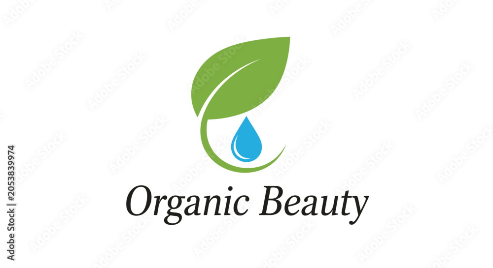 Fototapeta premium Organic Beauty Logo: Green Leaf with Water Droplet and Text
