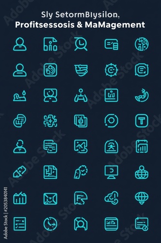 Set of modern business management and profit growth icons with glowing neon blue and green outline design
