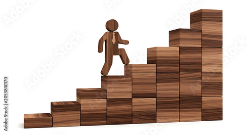 Businessman figure ascends a staircase constructed from stacked wooden cubes to symbolize professional growth and career advancement.