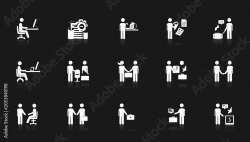 Set of white business people icons showing office work communication meetings and professional tasks