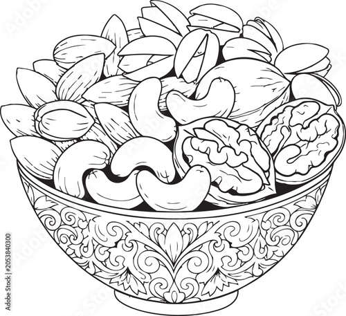 Assorted nuts in an ornate bowl illustration Vector