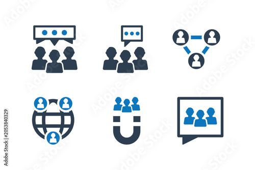 Diverse business icons representing communication networking and teamwork during a digital meeting