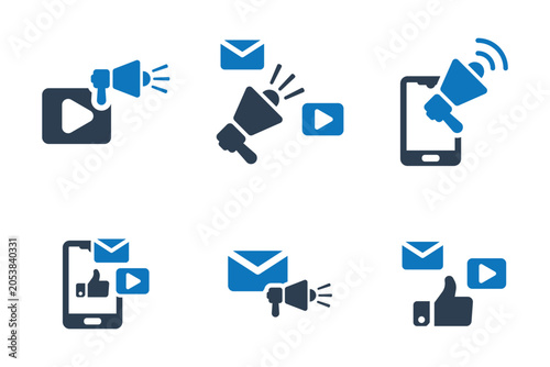 Digital marketing icons with megaphone email and video symbols for online promotion