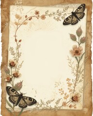 Vintage paper frame with delicate flowers and butterflies in a rustic style for invitations and cards