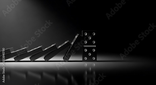 Black dominoes falling in a row with one standing upright alone