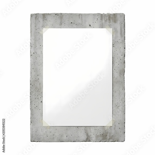 Blank concrete frame with white paper inside, isolated on white background